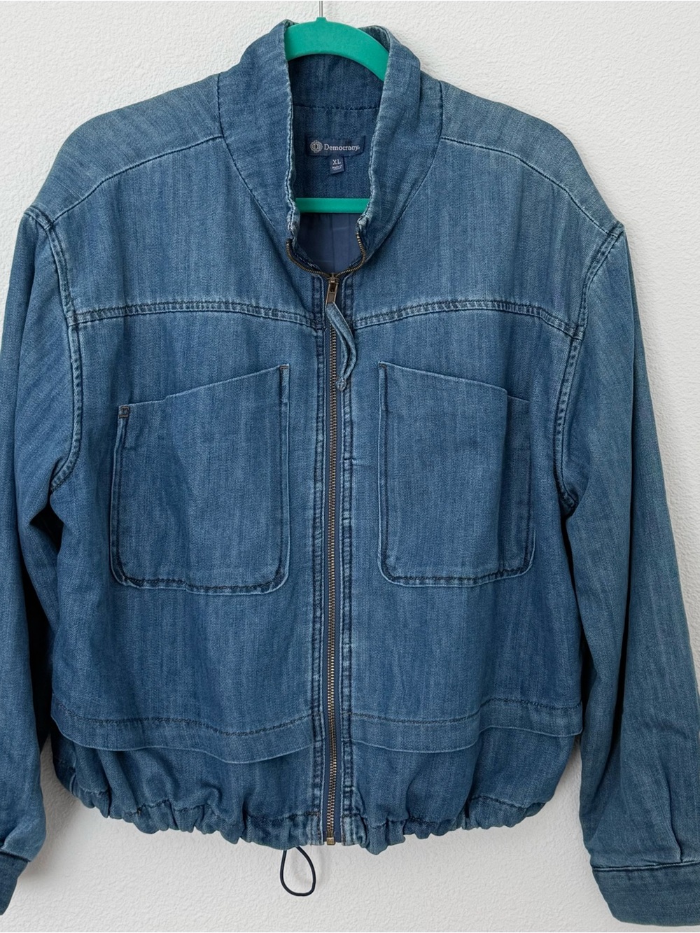 Democracy XL Funnel Neck Double Layer Medium Blue Denim Zip-Up Bomber Jacket